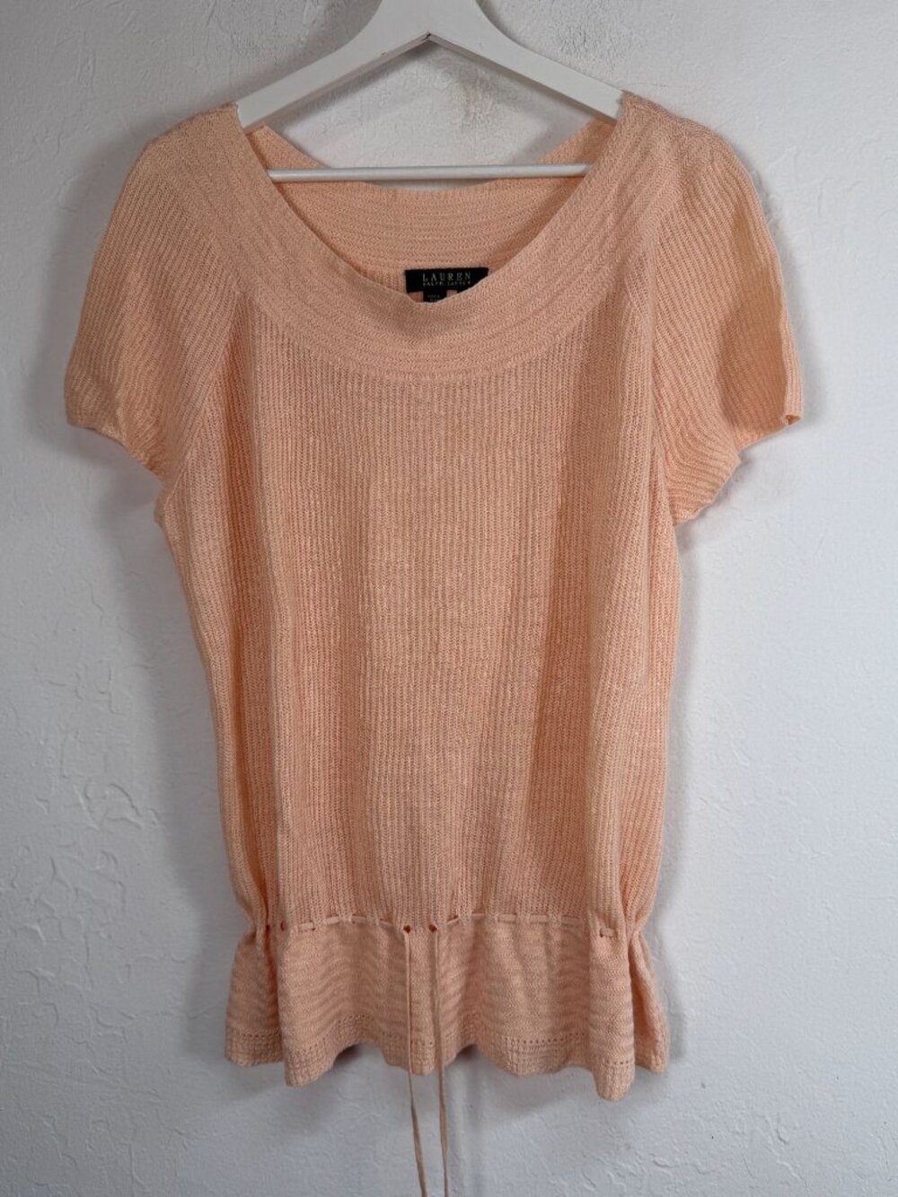 Lauren Ralph Lauren Womens Peach Linen Knit Short-Sleeve Top Size 1X Drawstring
